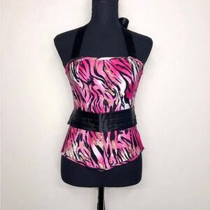 Frederick’s of Hollywood Pink & Black Animal Print Lace Up Corset